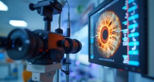 Santé oculaire : 3 signes inquiétants à ne jamais ignorer pour préserver votre vision Close-up of an eye examination machine with a computer screen displaying a detailed image of a patients eye