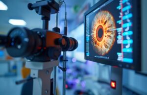 Santé oculaire : 3 signes inquiétants à ne jamais ignorer pour préserver votre vision Close-up of an eye examination machine with a computer screen displaying a detailed image of a patients eye