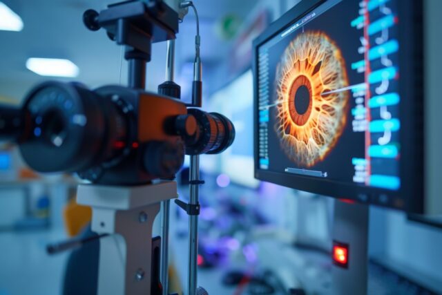 Close-up of an eye examination machine with a computer screen displaying a detailed image of a patients eye